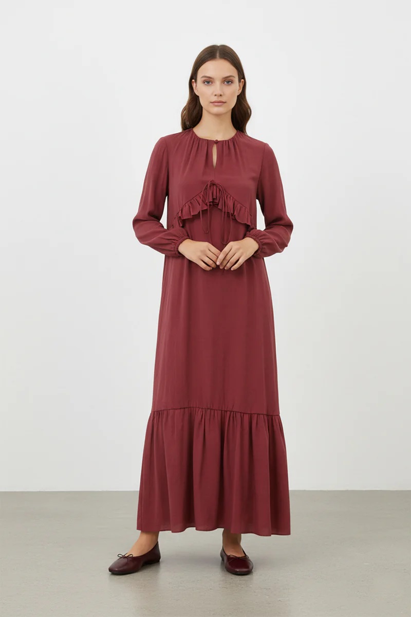 DAMEN KLEID MIT VOLANT - BORDEUXROT