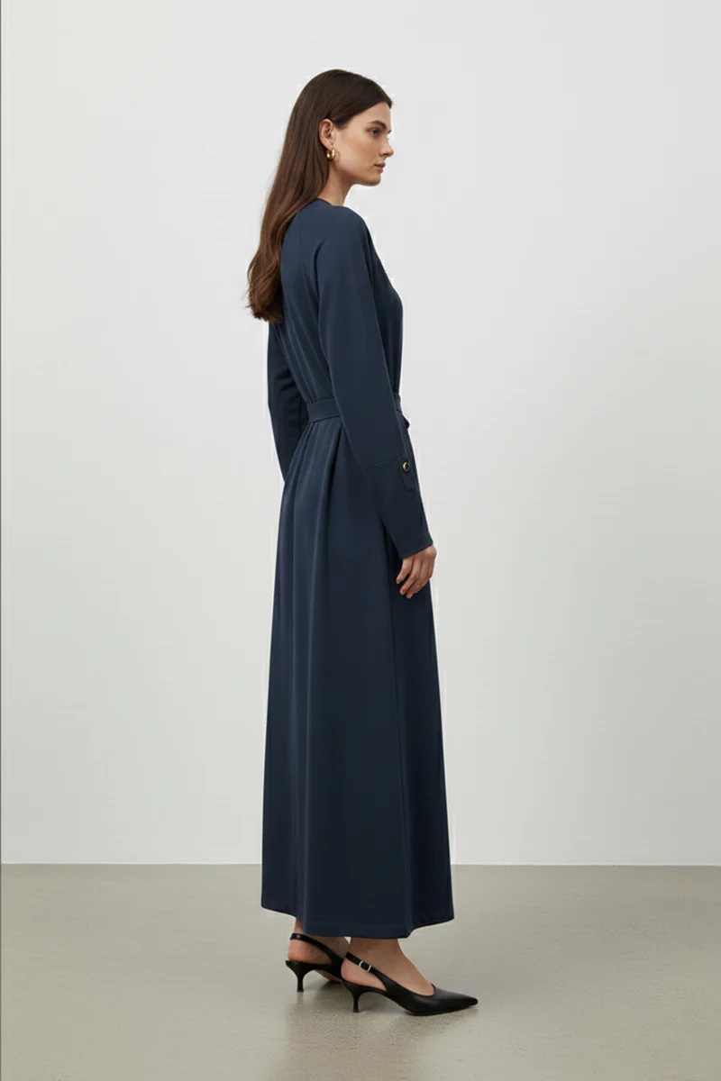 LANGES DAMENKLEID MIT GÜRTEL - NAVY BLAU