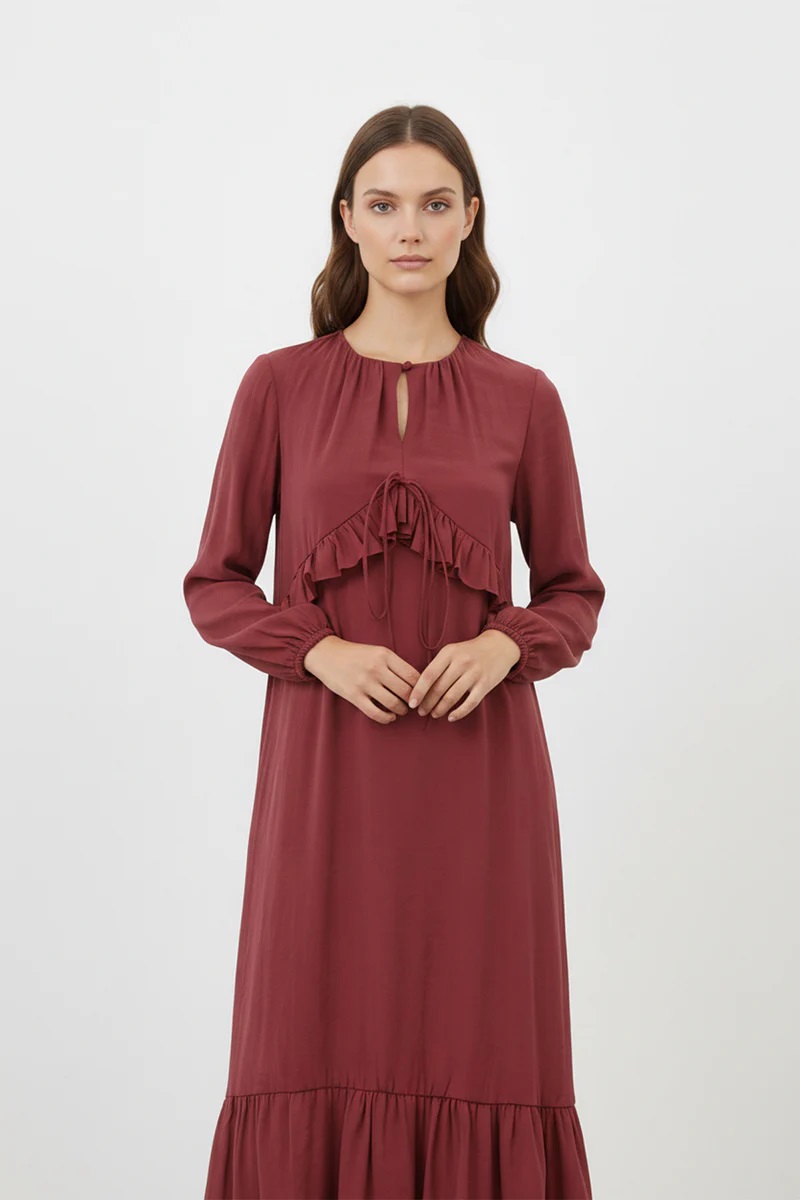 DAMEN KLEID MIT VOLANT - BORDEUXROT