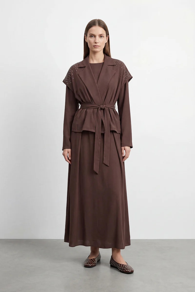 2-TEILIGES DAMEN KLEID SET - BRAUN