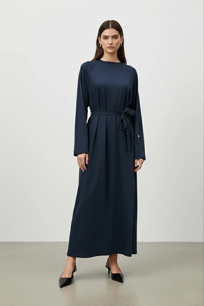 LANGES DAMENKLEID MIT GÜRTEL - NAVY BLAU