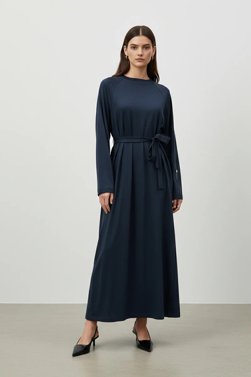 LANGES DAMENKLEID MIT GÜRTEL - NAVY BLAU