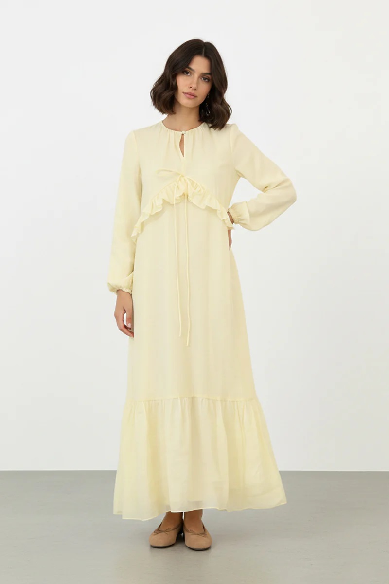 DAMEN KLEID MIT VOLANT - GELB